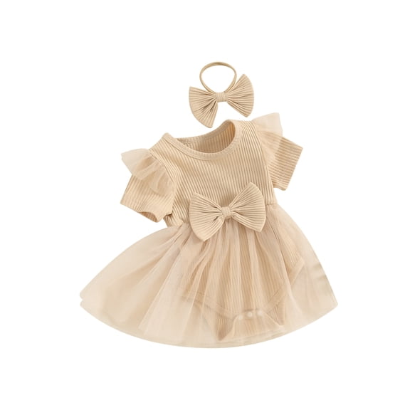 CIYCuIT Baby Girls Summer Romper Dress Ribbed Short Sleeve Mesh Tulle Patchwork Jumpsuit Newborn Infant Cute Crew Neck A-line Bodysuit with Headband 3M 6M 12M 18M
