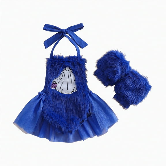 HCNTES Baby Girl Halloween Outfits Furry Patchwork Embroidery Sleeveless Neck Romper(Blue#2,6-12 Months)
