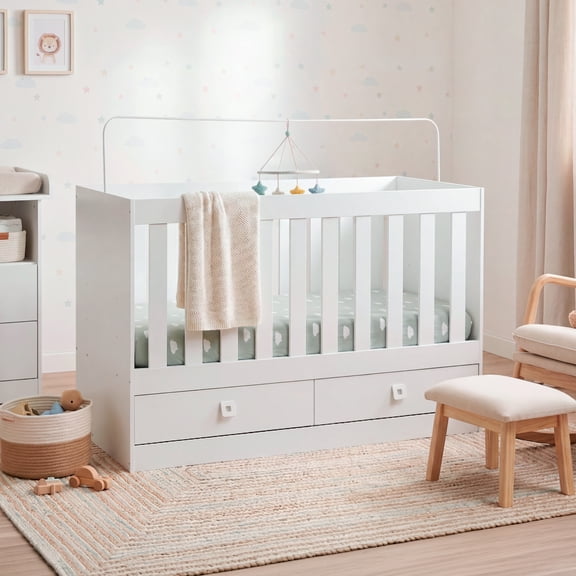 Cuna Colecho de Madera 2 en 1 Corral Multifuncional Color Blanco Cama Bebé con Cajones