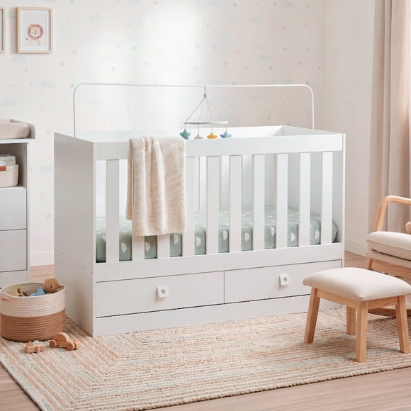 Cuna Colecho de Madera 2 en 1 Corral Multifuncional Color Blanco Cama Bebé con Cajones