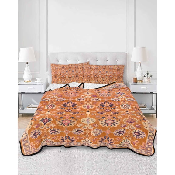 Quilts Twin XL Size, Boho Orange Soft Comforter Bedding Set for Bed, Country Style Bohemian Floral Retro Tribal Lightweight Quilted Bedspread with Pillow Cover(2 Pieces) for All Season, 68x98 Inch