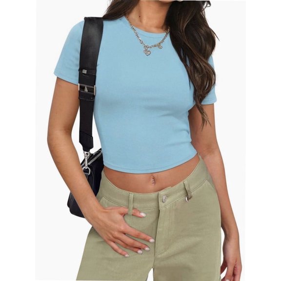 Womens Slim Fitted Crop Tops - Basic Crew Neck Short Sleeve Casual Tees for Going Out