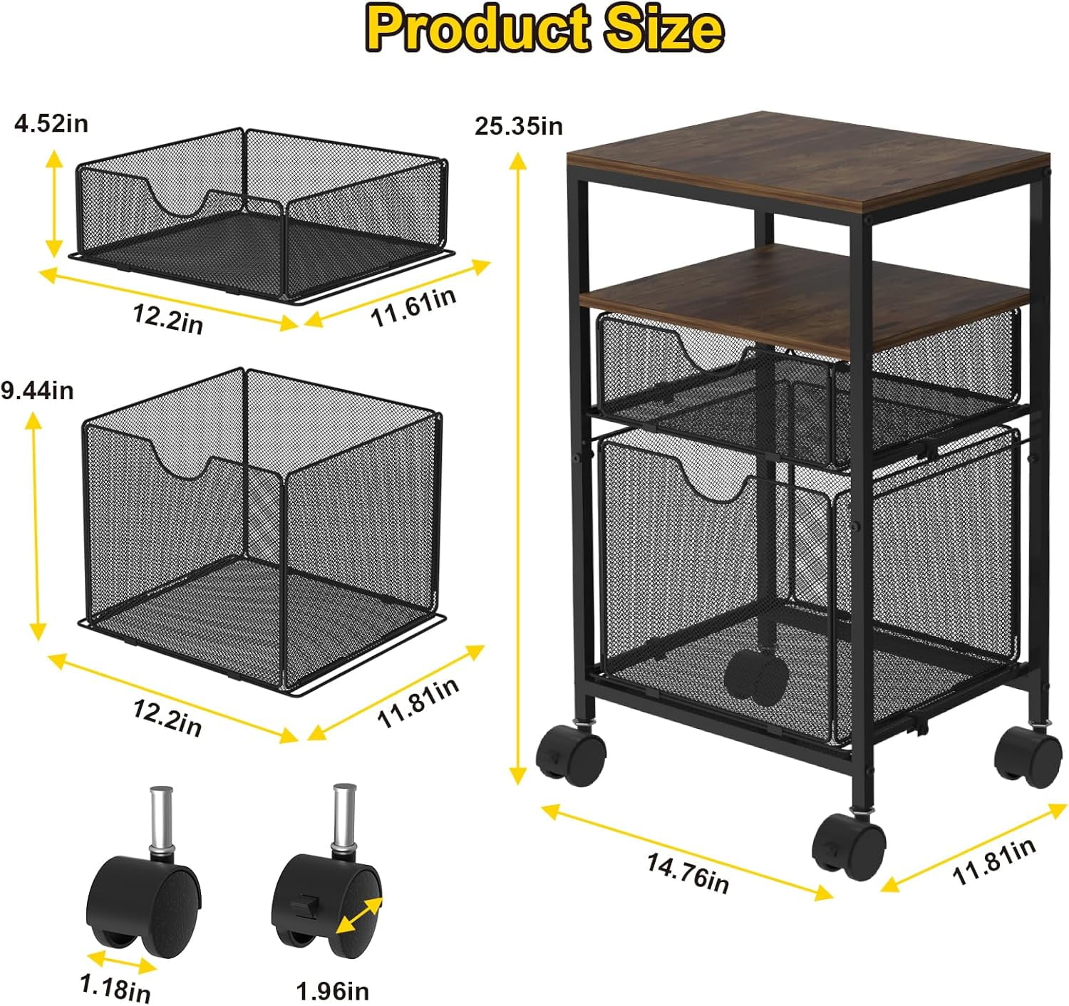 Rolling File Cart with 2 Storage Drawers, Wood & Mesh Hanging File Folder Organizer with Wheels Under Desk, File Cabinets for Home Office, 14.7" L x 11.8" D x 25.3" H