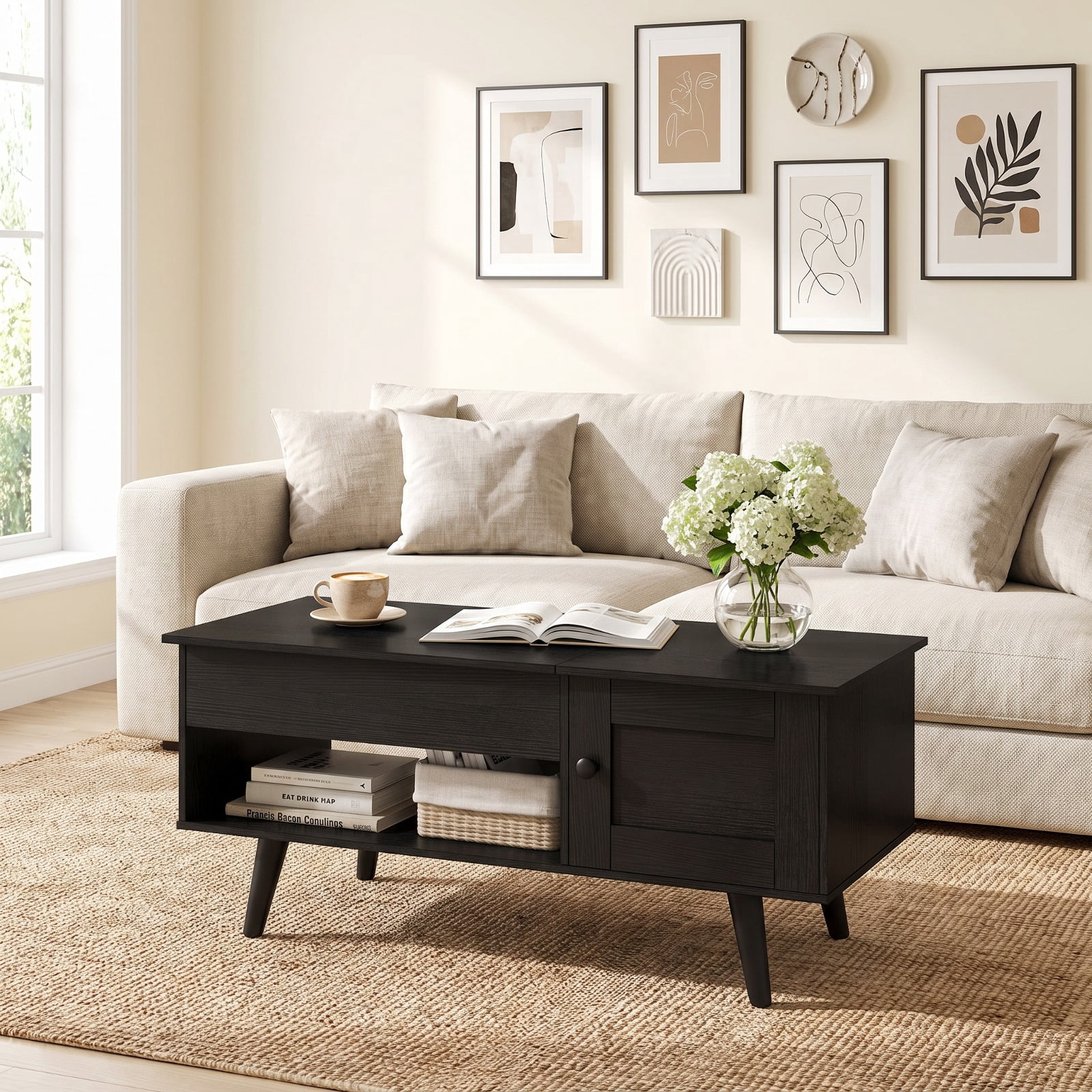 Furnibear Lift Top Coffee Table with Hidden Compartment Open Shelf and Storage Cabinet for Living Room and Home Office, Black