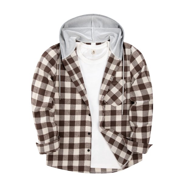 Men's Plaid Long Sleeve Shirt Men's Pocket Button Hooded Sweatshirt XL