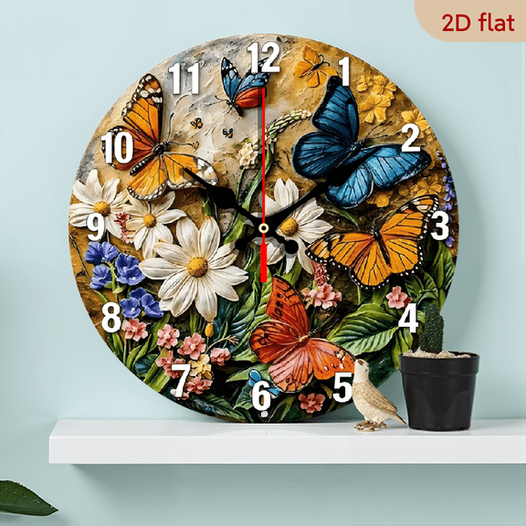 A 10-inch 2D flat "Beautiful Butterfly and Flower" theme wooden silent wall clock is an excellent choice for Halloween/Easter/Christmas gifts and is suitable for modern home decoration art.