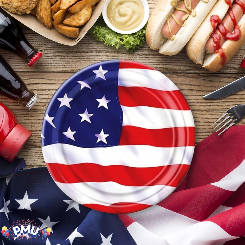 PMU Patriotic Stars and Stripes American Flag 9-Inch Dessert Plates, Patriotic Party Tableware (8/pkg) Pkg/6