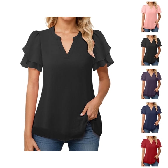 T Shirts for Women 2026 Summer Short Ruffle Sleeve V Neck Chiffon Dressy Casual Tshirt Blouse Tunic Top