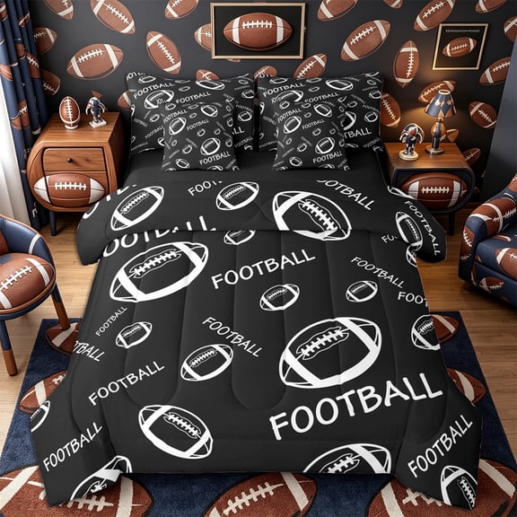 Castle Fairy Minimalist Football Print Twin Bedding 7-Piece, Sport Theme Bedding Comforter Set, Black White,Black Reversible