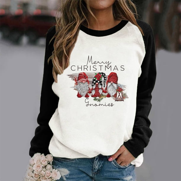 Pntutb Blusa de manga larga con estampado de Merry Chriasmas y bloque de color con cuello redondo para mujer Pntutb Pntutb-2982