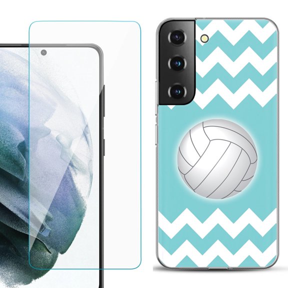 Slim-Fit TPU Fashion Phone Case for Samsung Galaxy S22 5G, with Tempered Glass Screen Protector, by OneToughShield ® - Chevron/Volleyball