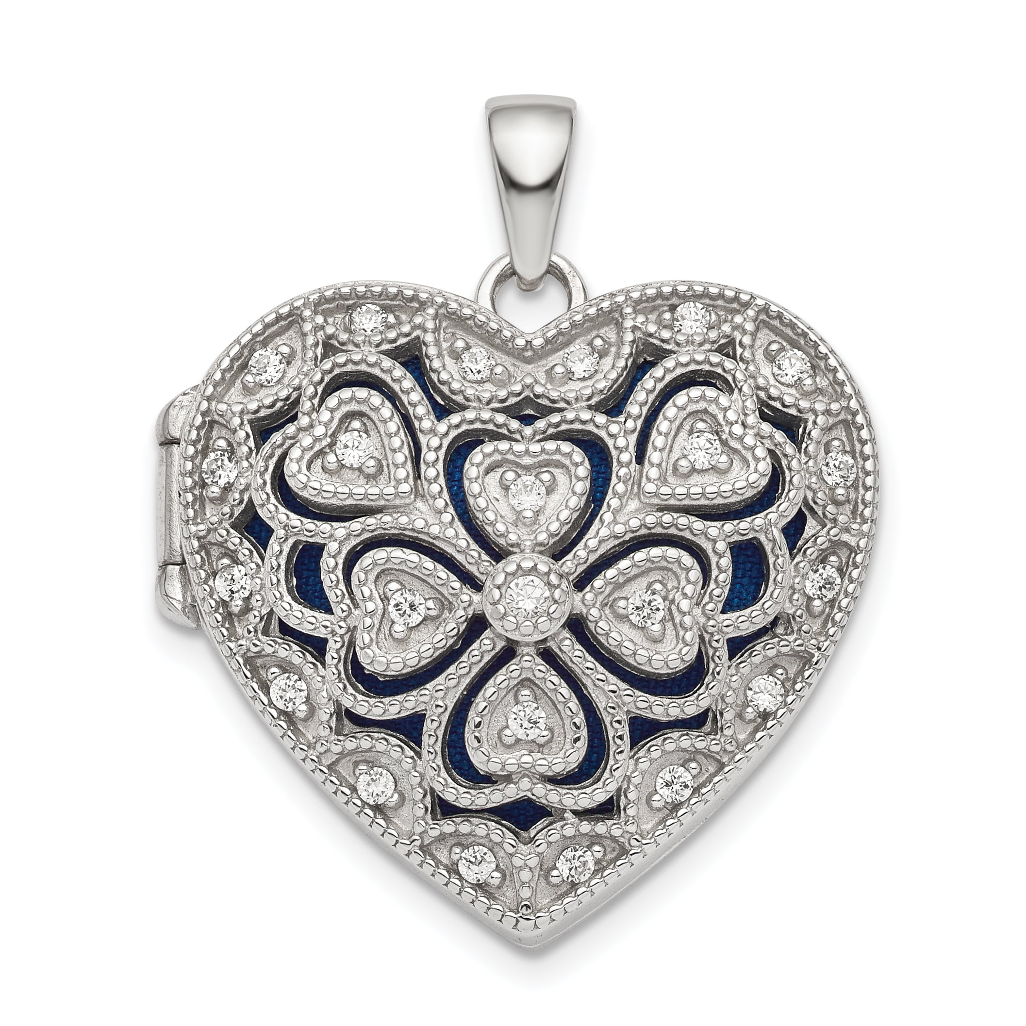 Sterling Silver CZ Heart Locket Charm Pendant 
