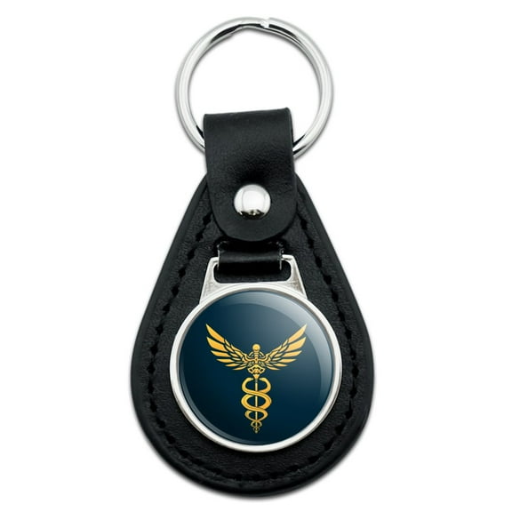 Caduceus Medical Symbol Doctor Nurse EMT Black Leather Keychain