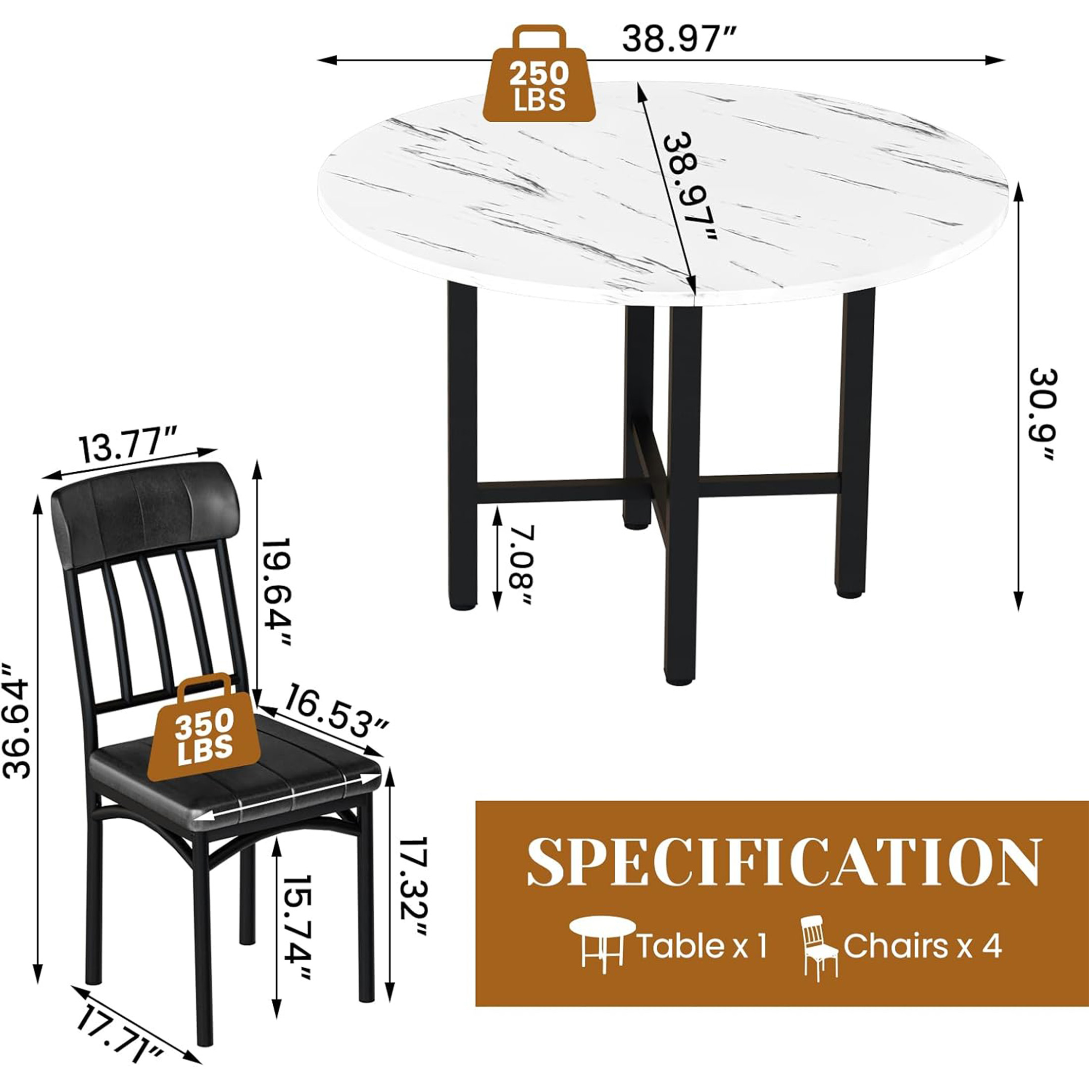 LinkRomat Round Dining Table Set for 4, Modern Dining Room Sets with 4 Faux Leather Chairs, Kitchen Dinner Faux Marble Table & Chair Set for Small Space, White