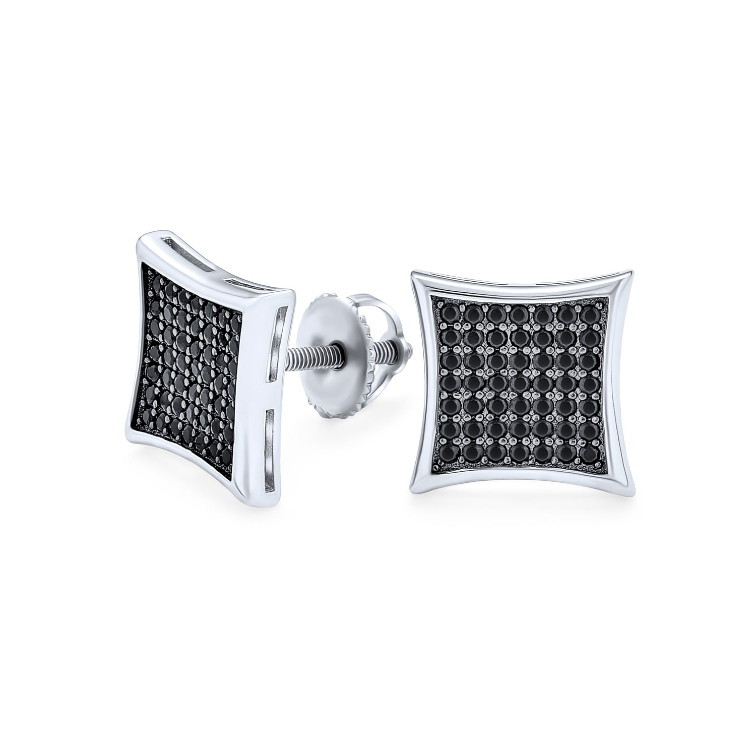 Sterling Silver Cubic Zirconia Micro Pave Curvy Square Screw Back Stud Earrings 