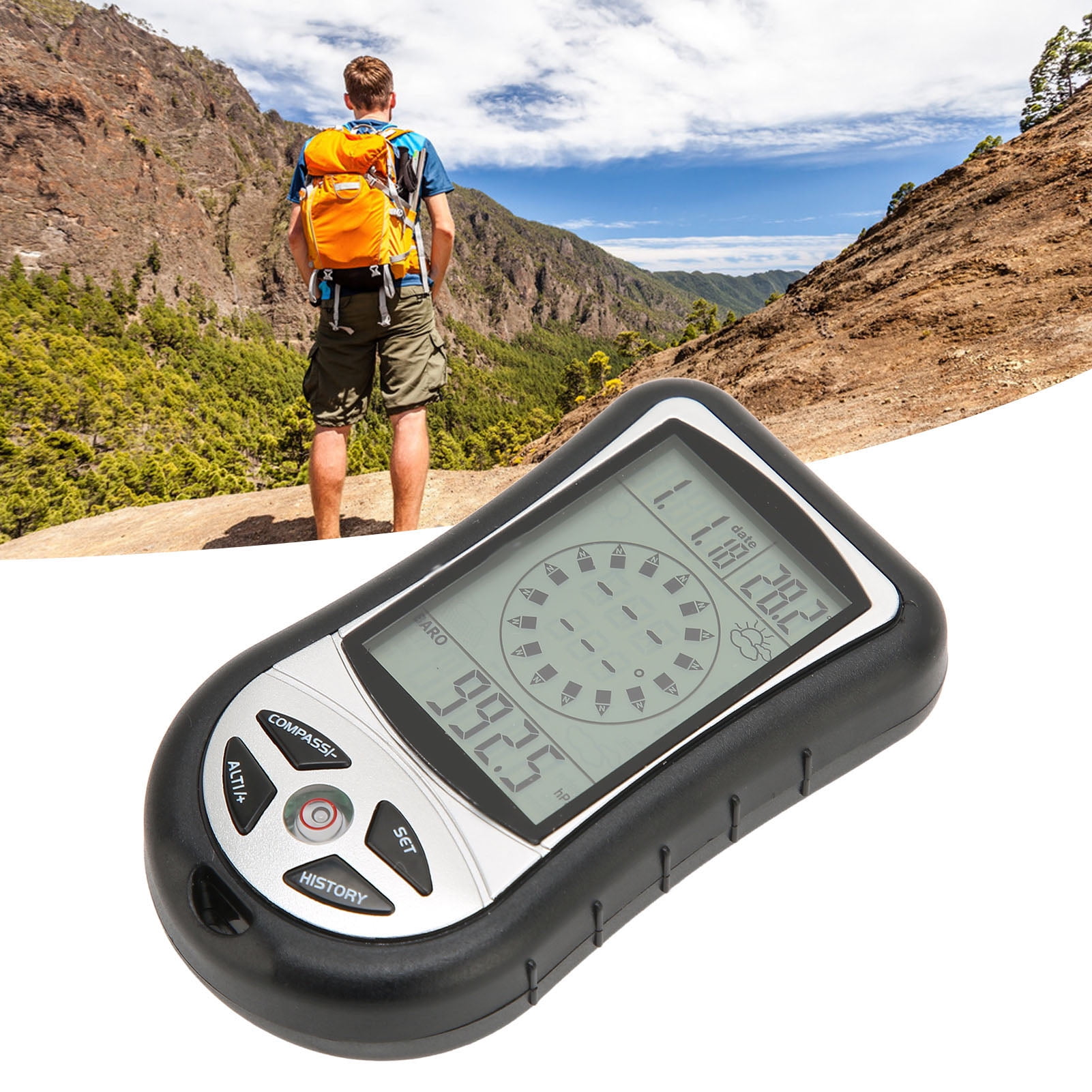 GuDoQi Altimètre Numérique 8-en-1 – Boussole, Baromètre, Thermomètre, Prévisions Météo, Horloge, Calendrier – Rétroéclairage, Pour Camping Et Randonnée