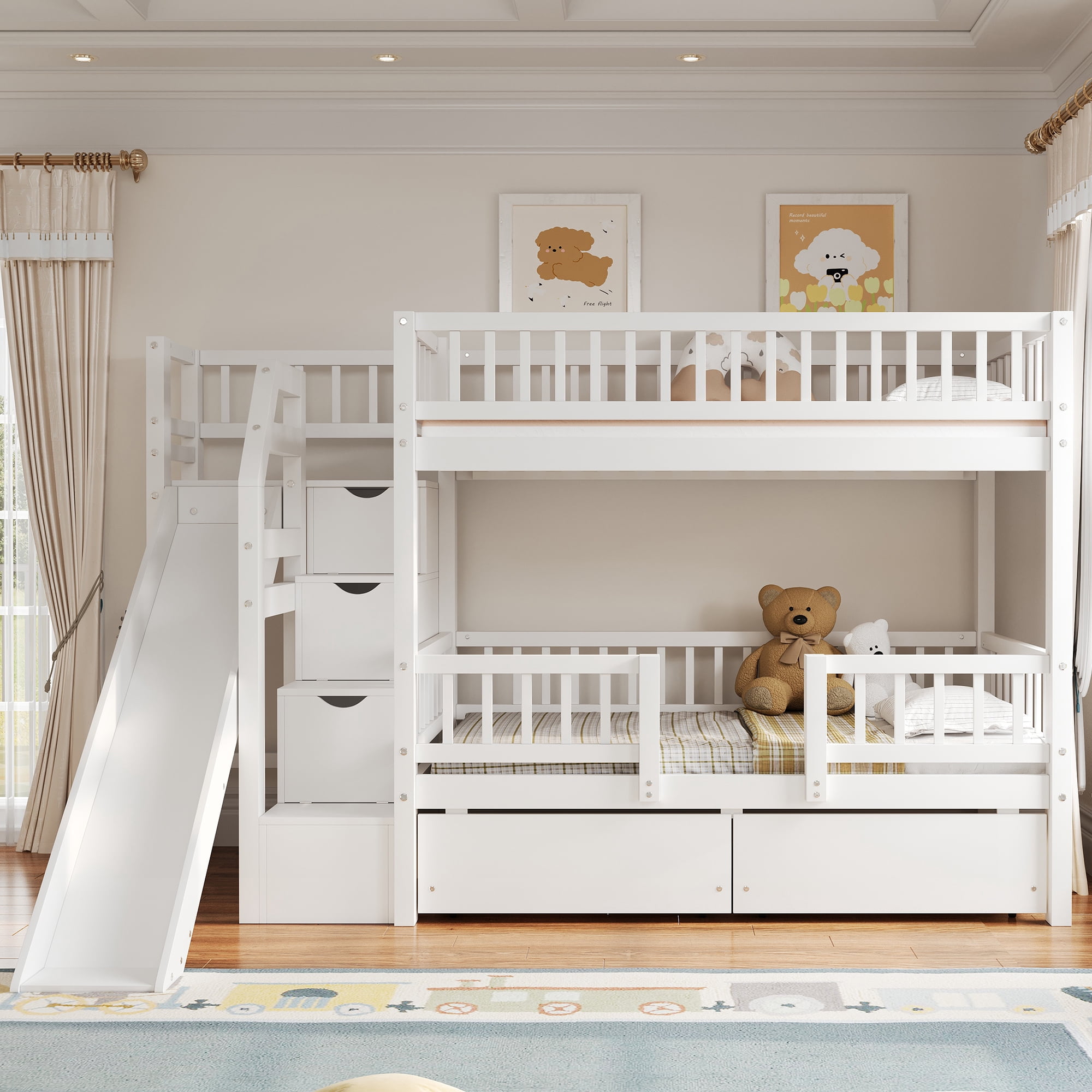 Euroco Twin over Twin Bunk Bed with Storage Staircase and Slide, White