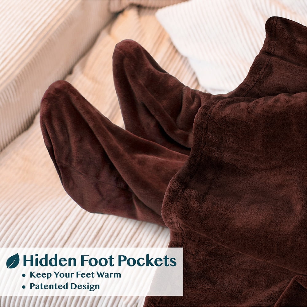 PAVILIA Fleece Blanket with Sleeves, Foot Pockets for Women Men Adults, Plush Wearable Blanket Throw Wrap, Warm Snuggle Blanket Robe, Cozy Gift Ideas Wife Mom, Brown