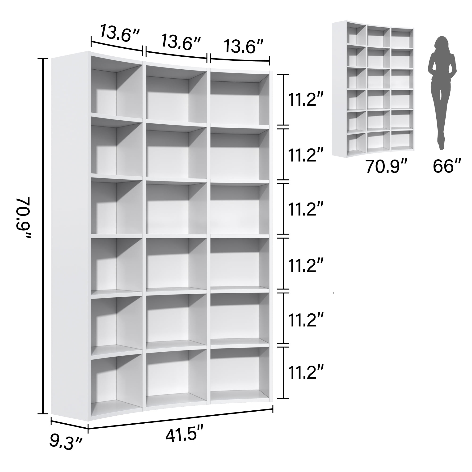Cikuso 71" Triple Width Bookcase, 18-Cube Curved Bookshelf Corner Bookcase, Curve Shape Display Storage Shelf for Living Room, Home Office, White