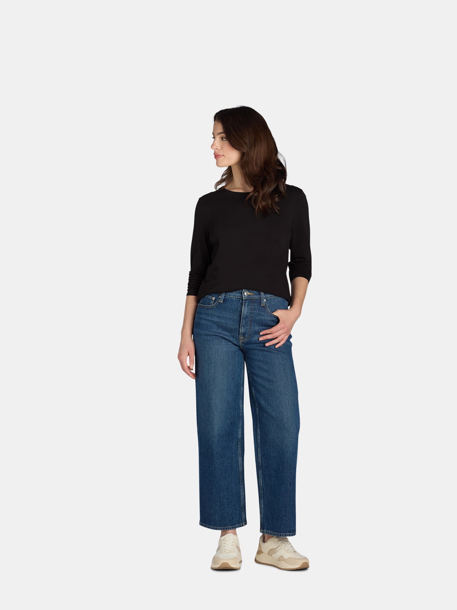 Time and Tru Women's Cotton Crewneck Tee with Long Sleeves, Single and 3 Pack, Sizes XS-XXXL