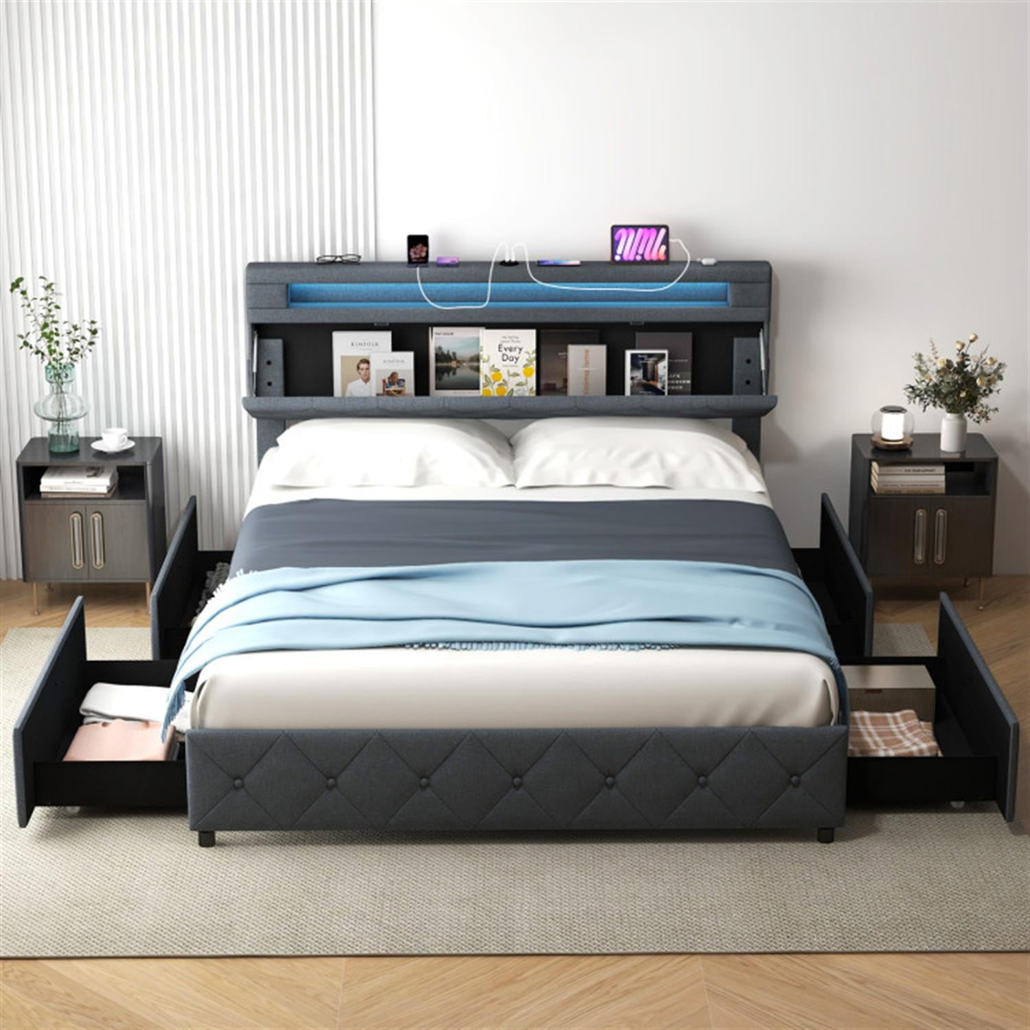 Demi Bonn Queen Size Bed Frame with Adjustable Storage Headboard and Wooden Slat Support, Platform Bed Frame with 4 Storage Drawers, No Box Spring Needed, Gray