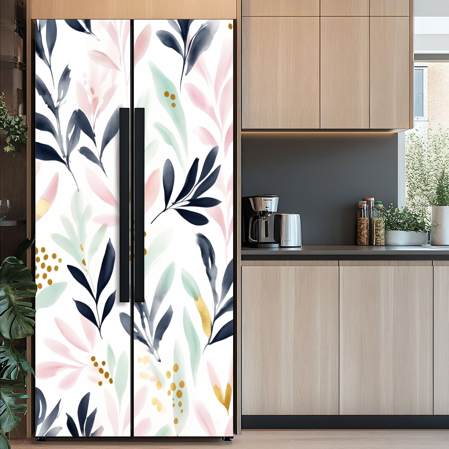 Self Adhesive Vinyl Refrigerator Wrap Set Modern Botanical Watercolor Pink Gold Mint Navy Leaves Door Mural Removable Fridge Sticker Peel and Stick&nbsp;Full Door Cover Decal Kitchen Bar Decor