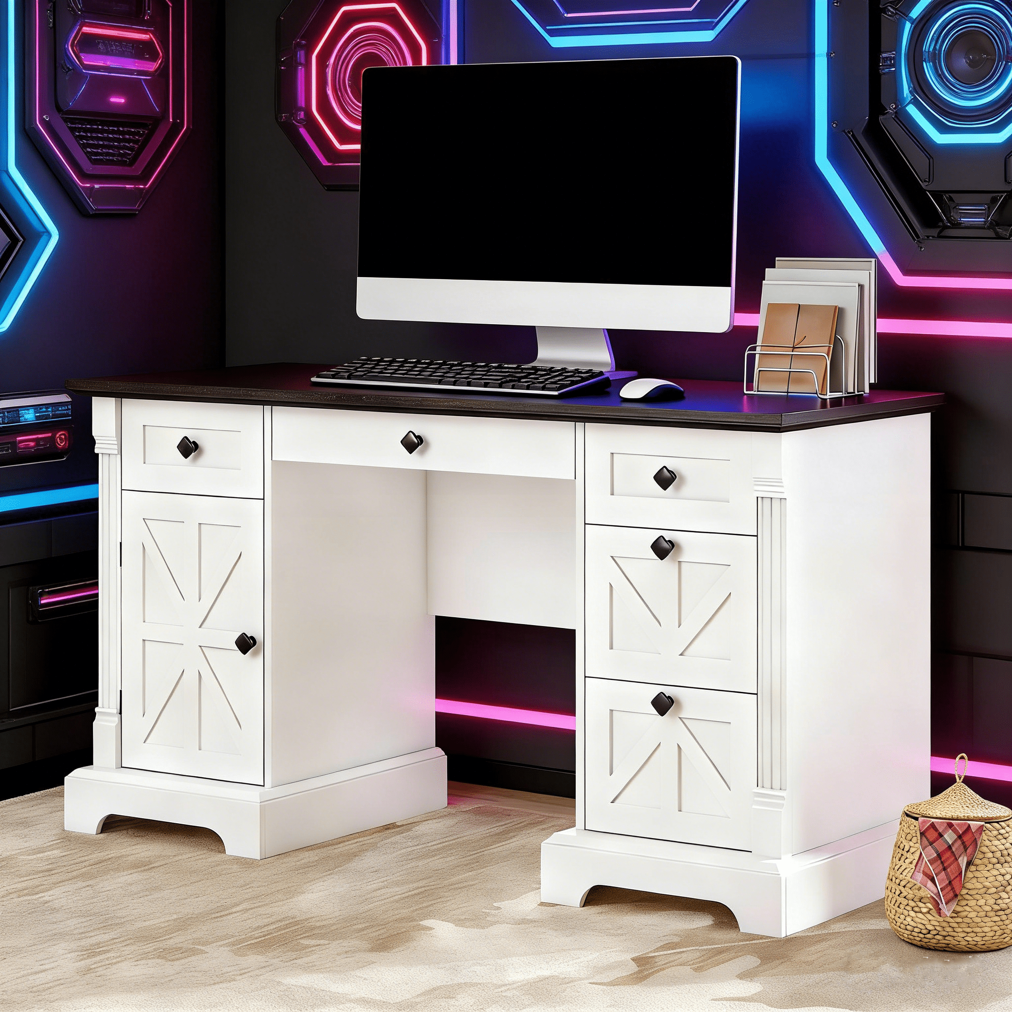 Lafnest 55" Farmhouse Executive Desk with Charging Station,5 Drawers & Hidden File Cabinet for Home Office,White