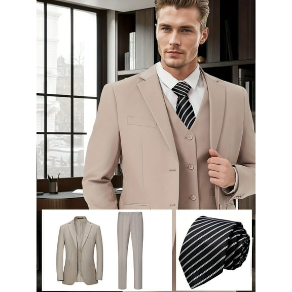 Beauty-Emily Men's 4-Piece Classic Suit Set, Double-Button Jacket, Vest, Pants, Tie, Champagne, for Wedding, Business, Party, Banquet, Prom, Formal Events, Graduation
