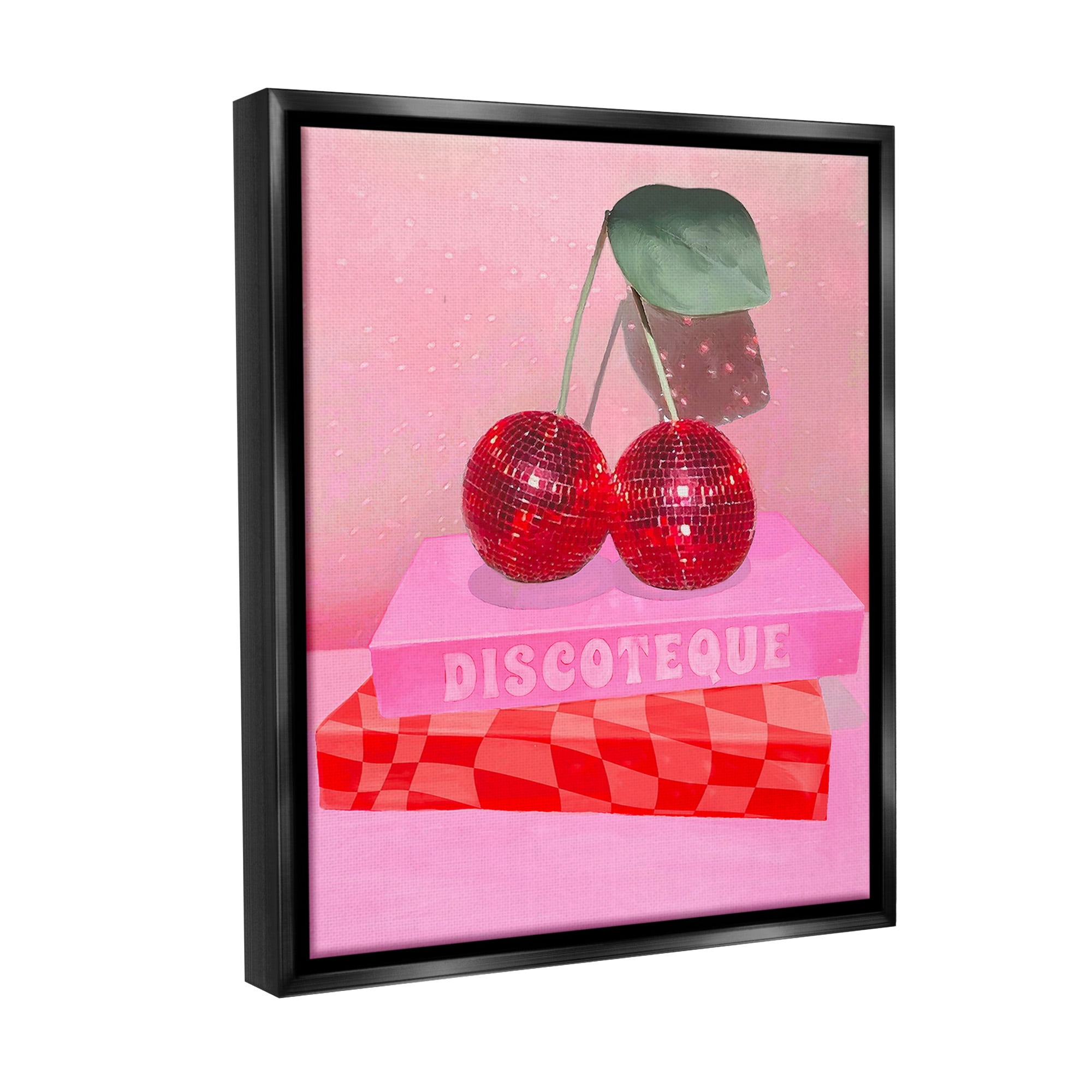 Stupell Industries Cherries on Book Stack Literature & Flim Painting Black Floater Framed Canvas Art Print Wall Art, 17 x 21