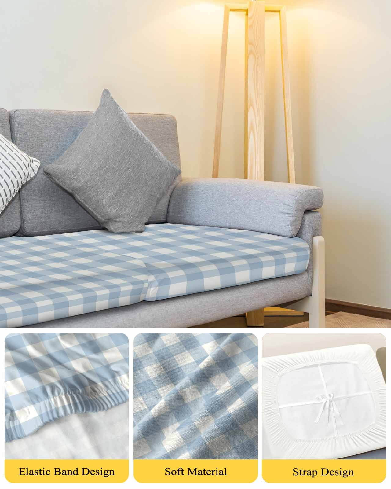 Light Blue Plaid Couch Cushion Covers Stretch, Washable Sofa Seat Covers Individual Seat Cushion Sofa Slipcovers Modern Minimalist Country Couch Cover Furniture Protector S-1PCS