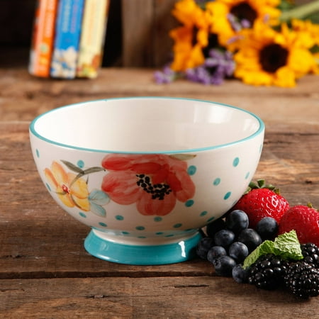 The Pioneer Woman Flea Market 6" Decorated Footed Bowls, Bloom Dots Turquoise, Set of 4