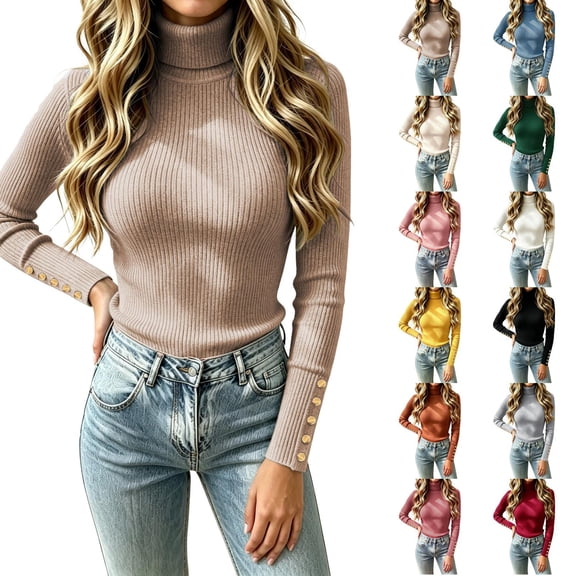 Turtleneck Sweaters for Women Knit Long Sleeve Ribbed Slim Fit Button Cuff Pullover Solid Fall Basic Fitted Casual Womens Sweater Top