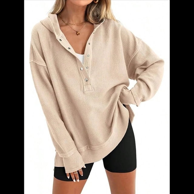 Sudadera con Capucha de Larga Extragrande para Mujer, Cuello en V, Botones y Abertura Lateral, Estilo Informal. Albaricoque S