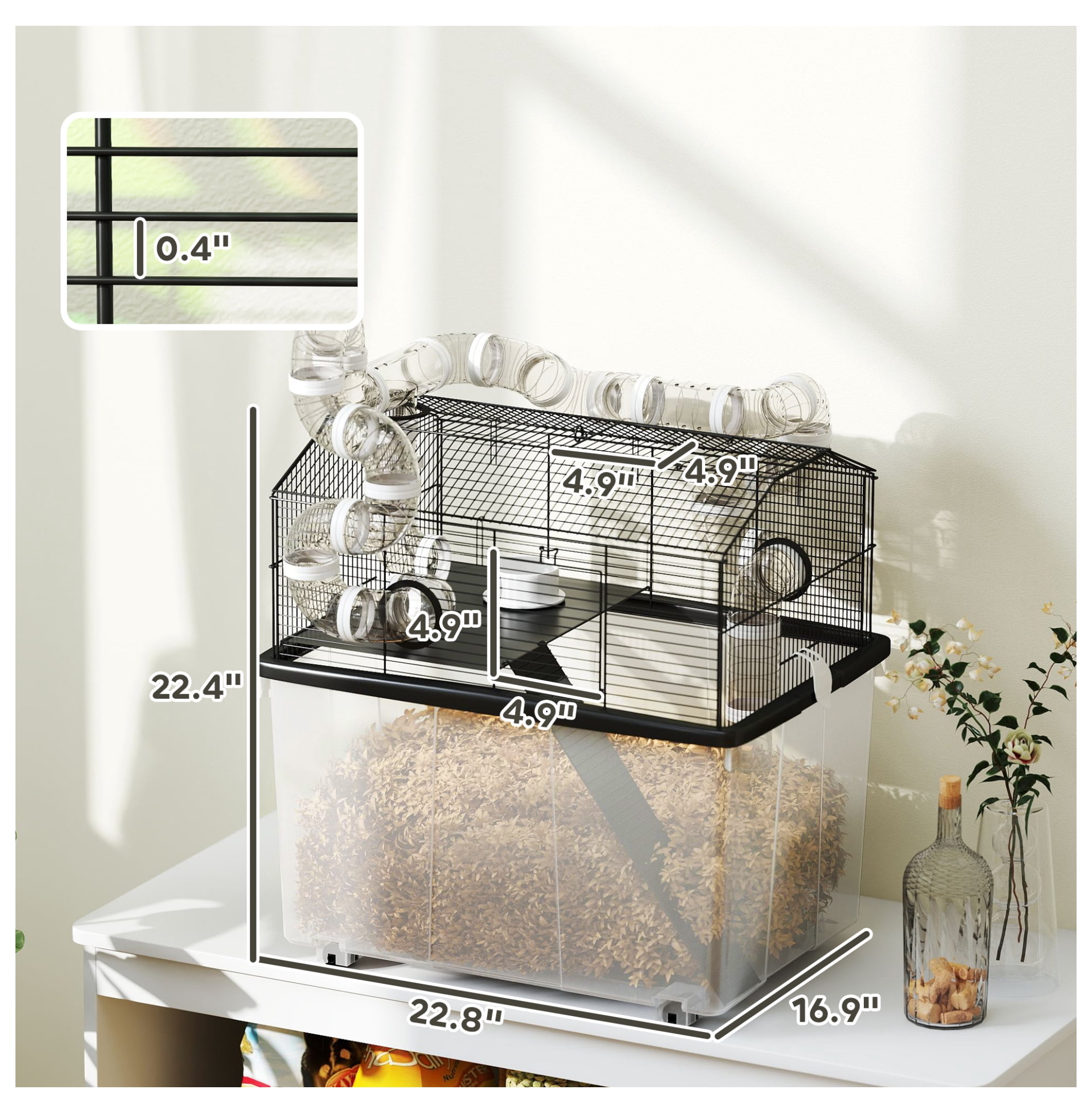 Hamster Cage 2 Tier with Tube System, 23x17x22", Deep Tray, Water Bottle, Ramp, Black