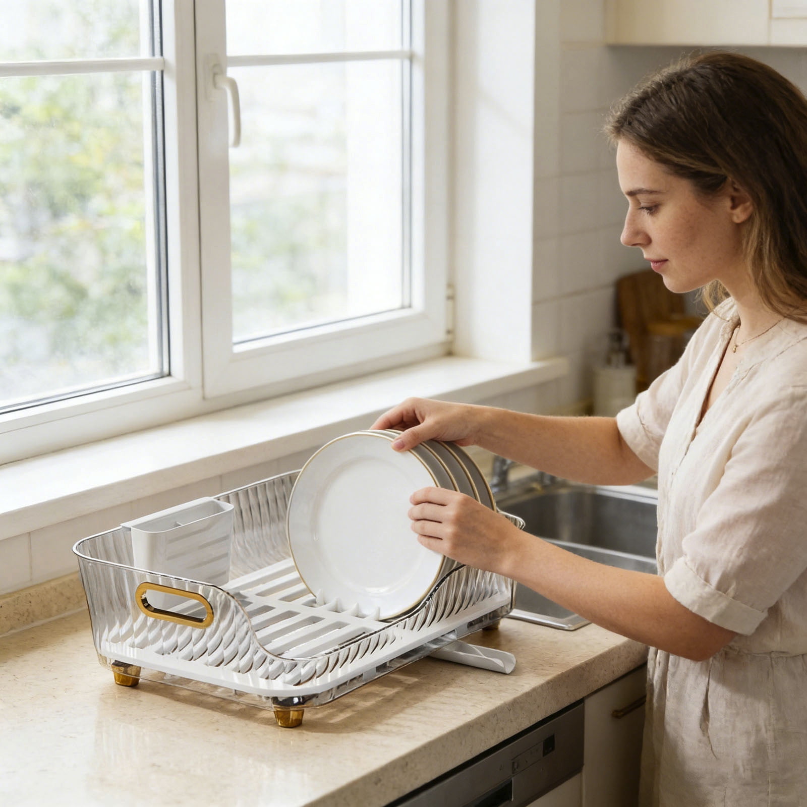 Kitchen Dish Drying Rack with Extendable Drainboard Countertop Dish Rack with Utensil Holder Multifunctional Transparent Dish Organizer Ideal for Dishes Bowls Cutlery and Fruit Storage