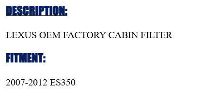 LEXUS OEM FACTORY CABIN FILTER 2007-2012 ES350 87139-YZZ82