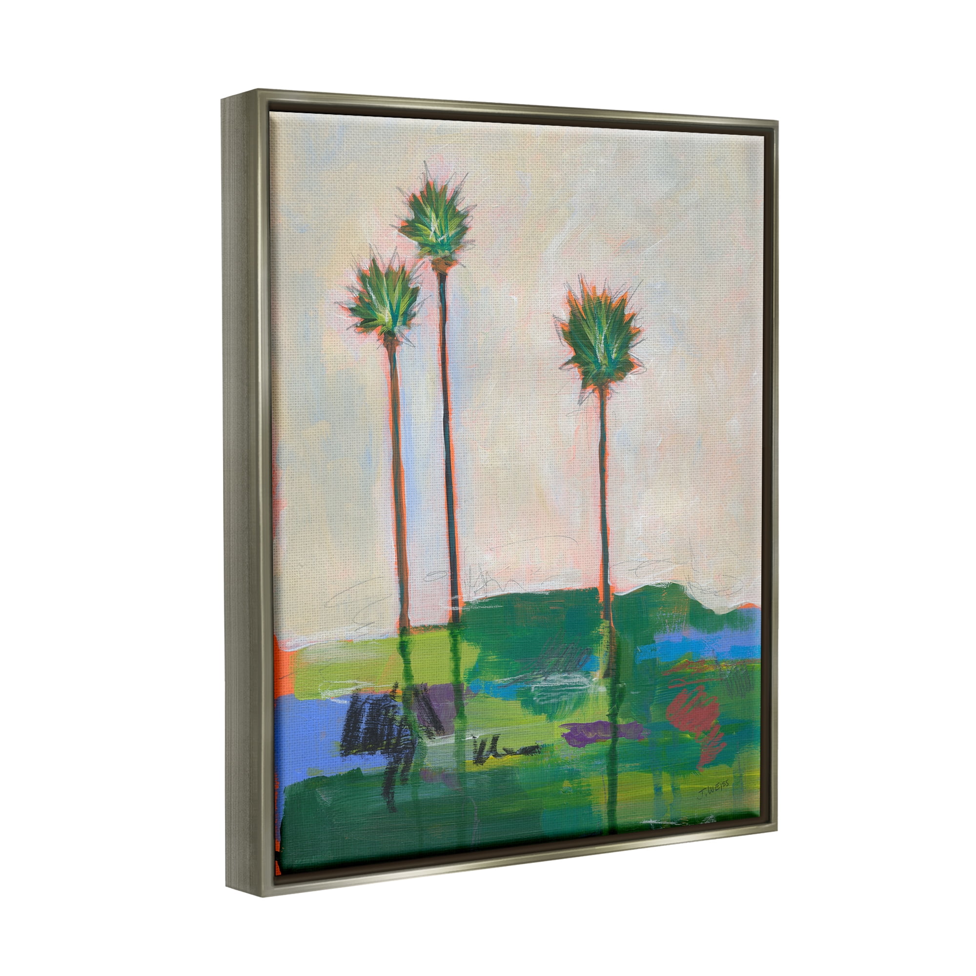 Stupell Industries Modern Palm Trees Landscape Abstract Painting Gray Floater Framed Art Print Wall Art, 17 x 21
