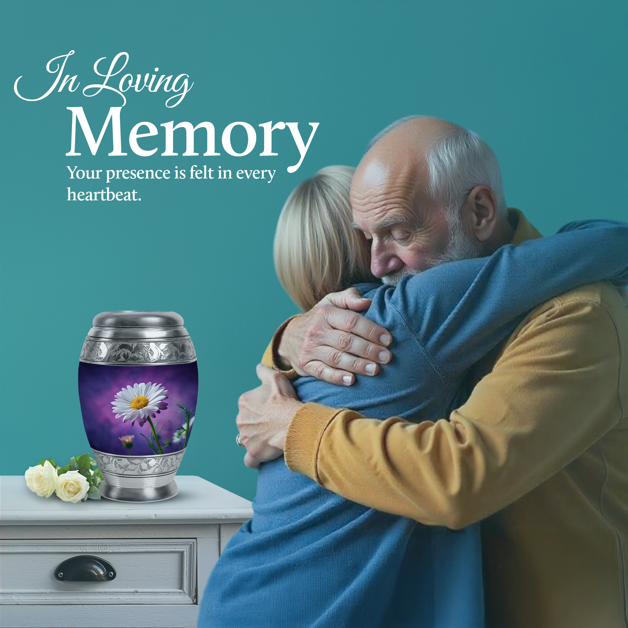 SABURIAL Daisy Urn - Funeral Urn Ashes - Unique Design - 10 Inch - Large With Velvet Bag - Urns For Adult Male & Female - Ashes Urns Human Remains - Decorative For Cremation