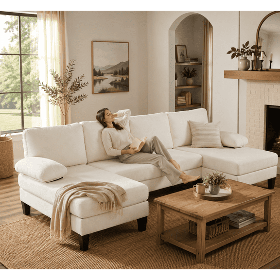 Bezseller U-Shaped Sectional Sofa, 110" Chenille Couch for Living Room, Beige