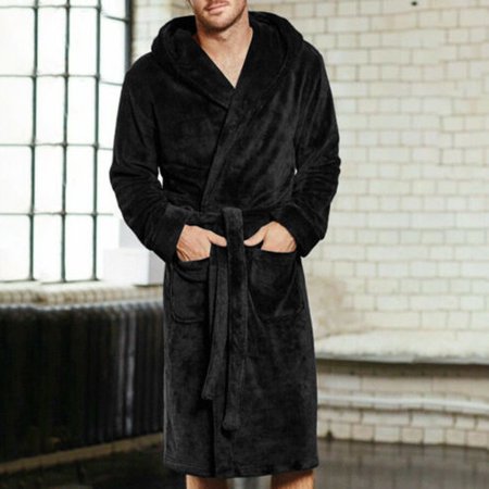 New Mens Fleece Towelling Dressing Gown Robe Bath Bathrobe Warm Winter Black Size