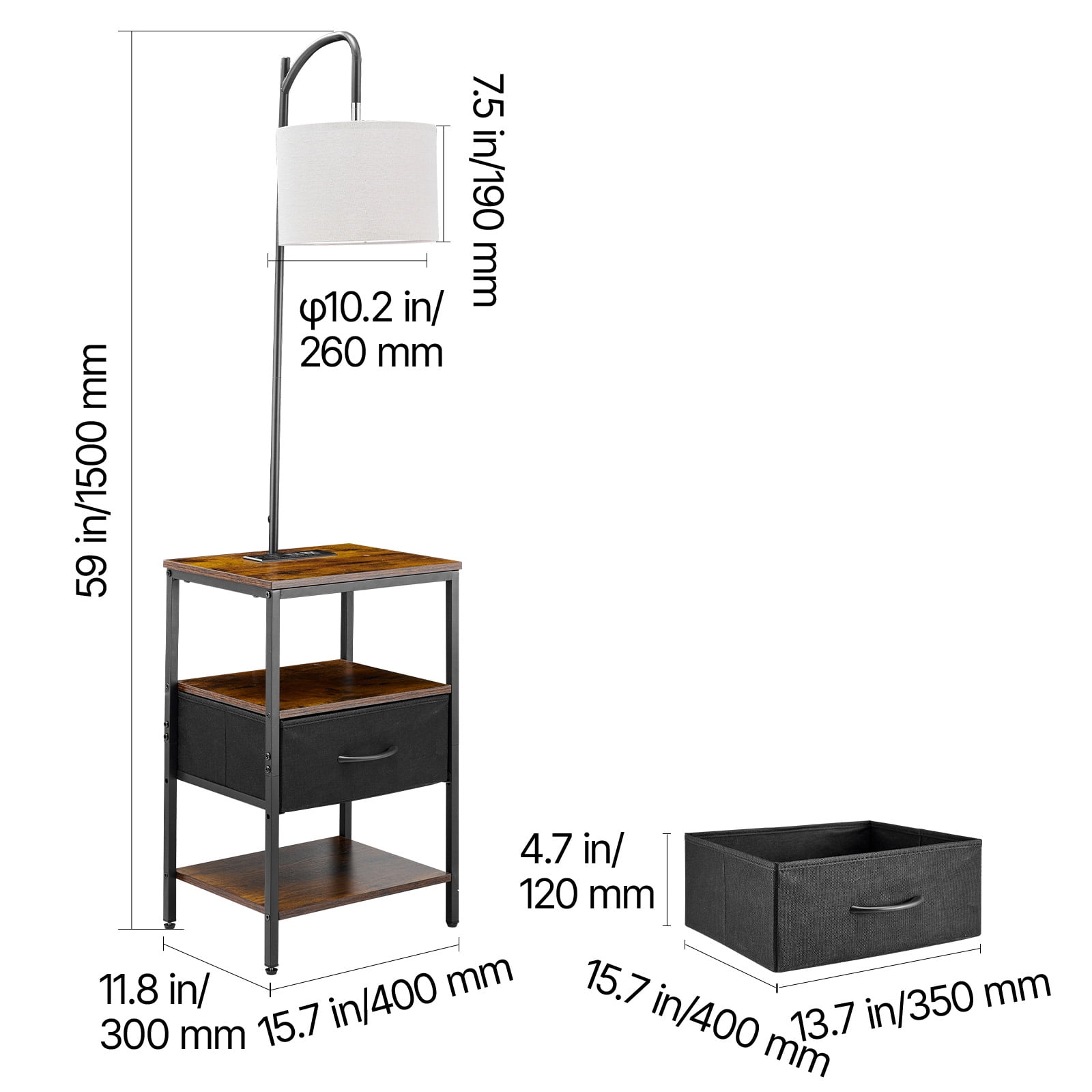 VEVOR Floor Lamp with Table, 3-Tier End Table with Drawer and 3 Color Temperature Lighting, Modern Side Nightstand Bedside Desk with USB & Type C & AC Charging Port for Living Room, Bedroom, Dorm