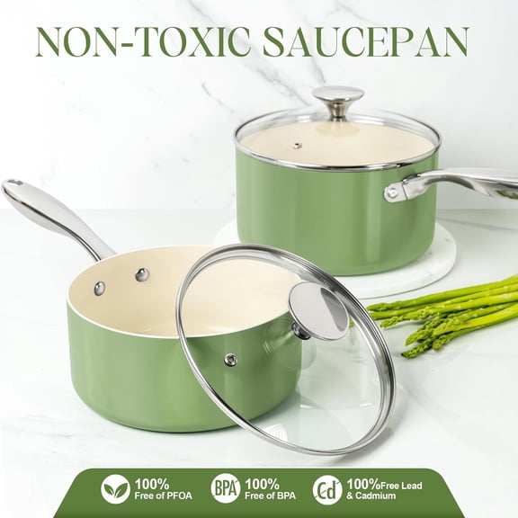 Sauce Pan Set of 3 - Non Stick Ceramic Cookware with Lid, Natural Green Small Pots for Cooking
