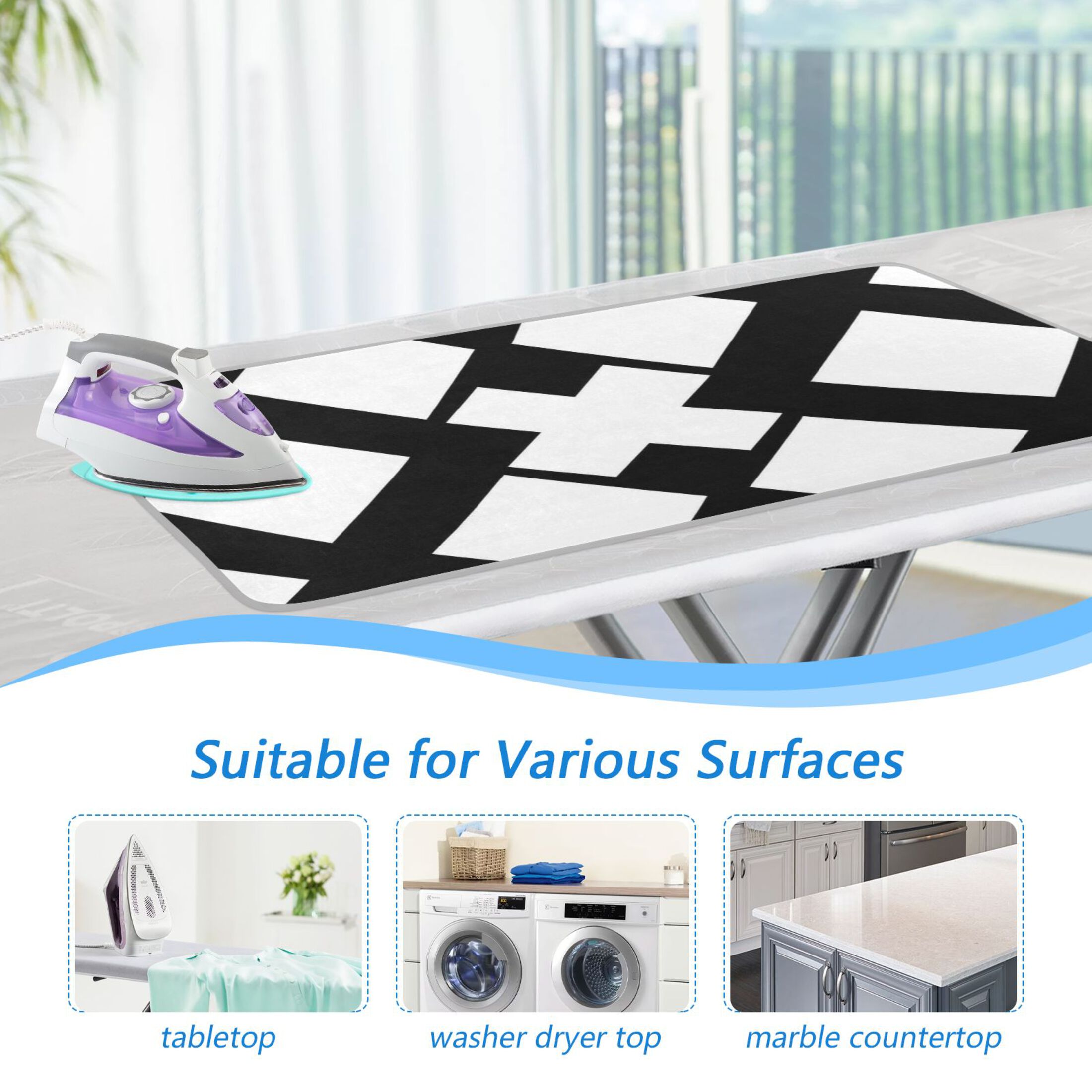 Black and White Simple Art Ironing Mat Blanket Portable Travel Ironing Pad Heat Resistant Pad 47.2" x 27.6”