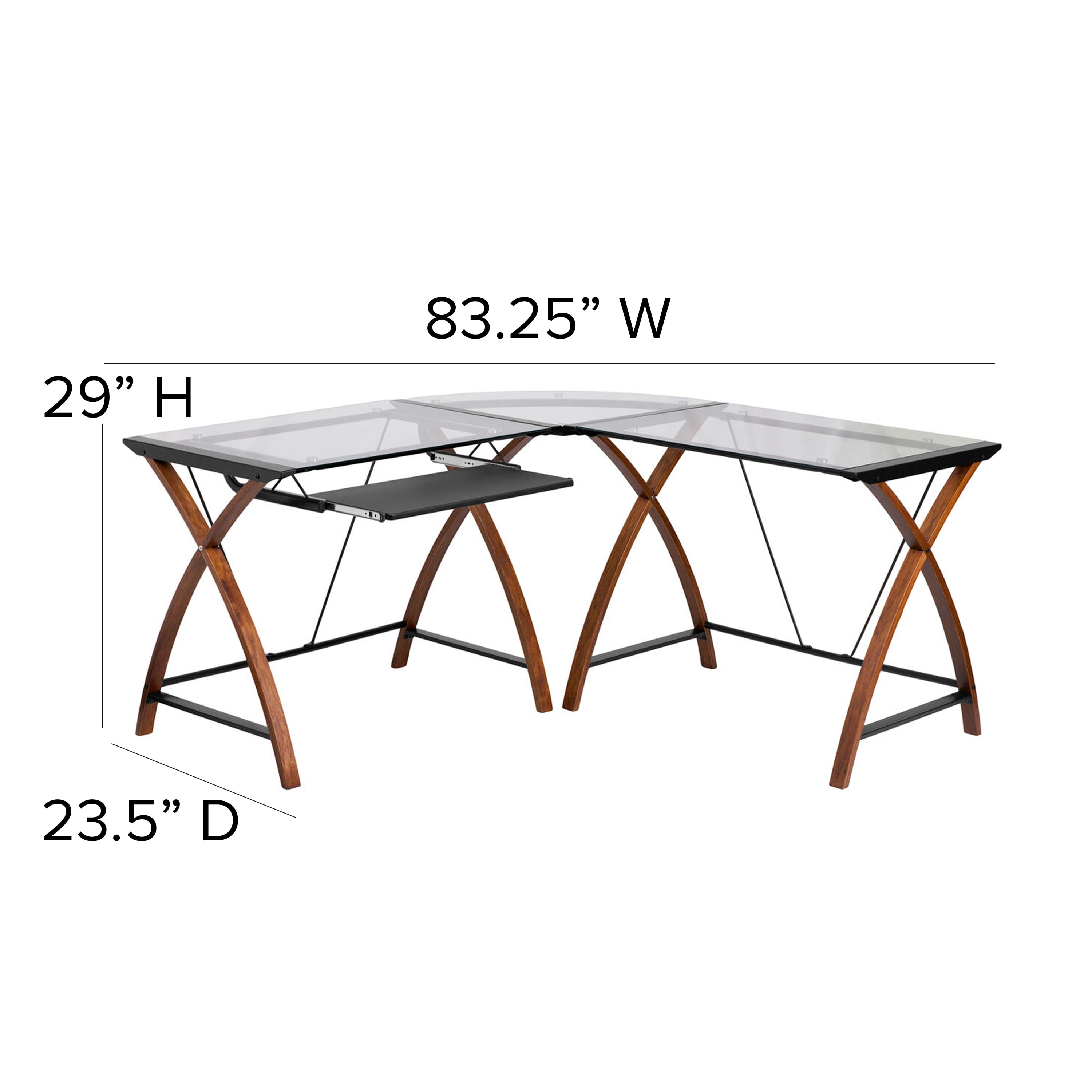 EMMA + OLIVER L-Shape Glass Desk with Pull-Out Keyboard Tray, Clear Cherry