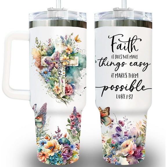 Christian Tumbler 40Oz With Handle & Straw - Faith Makes Them Possible Inspiration Gift for Women - Bible Verse Religious Coffee Cup For Mom, Friend, Sister, Grandma on Birthday, Mothers Day