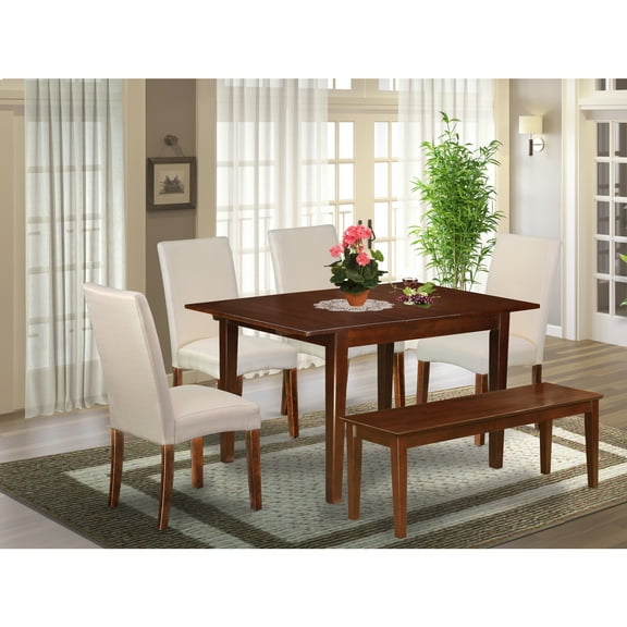 Rectangle Dining Set 7Pc Table & Chairs - Cream Linen Fabric, Mahogany Finish - Mountain Lodge Style