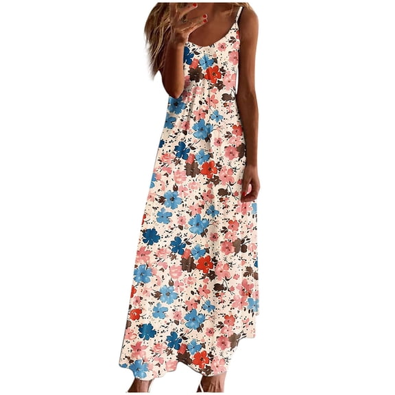 Uaswgudfs Women’s Sleeveless Round Neck Midi Dress - Abstract Pattern Summer Casual Sundress with Flowy Tank Design & Ankle-Length Silhouette
