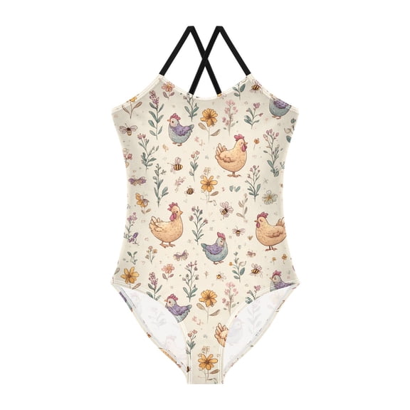 Spaghetti Strap Cartoon Chicken One Piece Swimsuit Stretch Beach Sport Bathing Suit Size 3T-10T