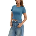 thumbnail image 4 of INSPIRE CHIC Womens Summer Basic Tees Crop Tops Short Sleeve Seamed Crewneck Tight Tops Workout Y2k T Shirts M Blue, 4 of 5