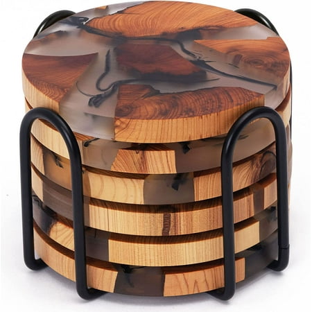 

Drink Coaster Set Wooden Absorbent Coasters Epoxy Resin Coaster for Coffee Table Tabletop Protection Decor Set of 6 With Holder
